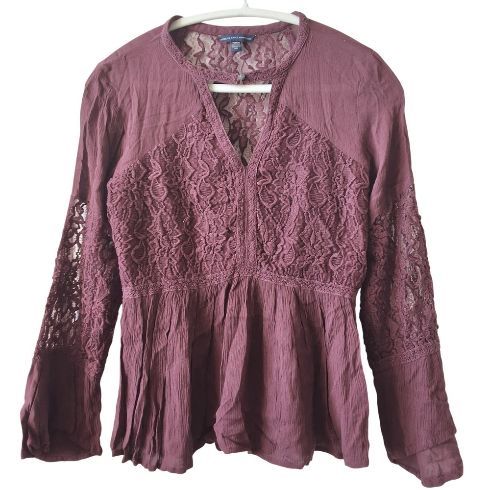 American Eagle M Lace Babydoll Bell Sleeve Blouse Whimsygoth Sheer Romantic Boho